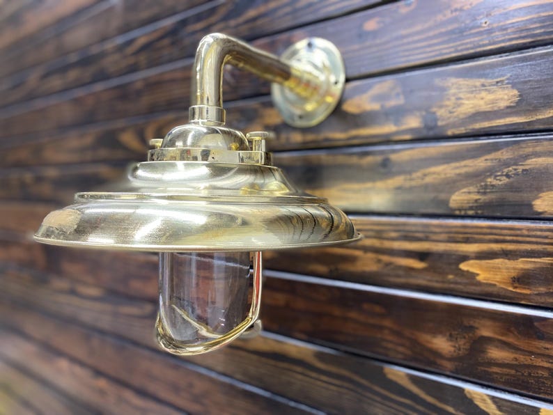 Vintage Brass Bulkhead Wall Sconce – Maritime Industrial Ship Passage Light with Deflector Shade