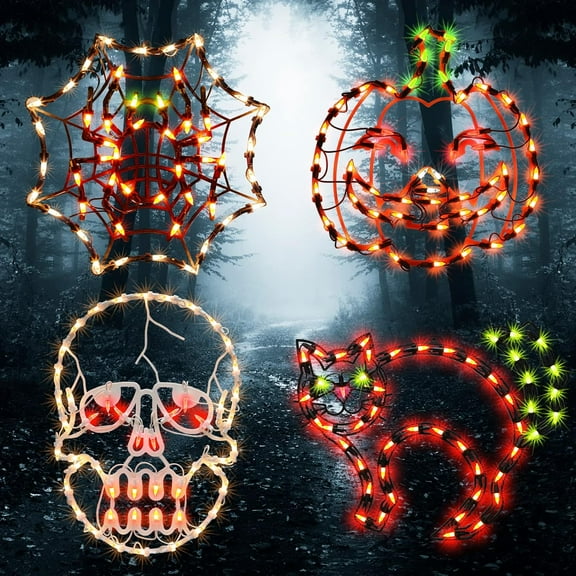 4-Piece Lighted Halloween Window Silhouette Decoration Set | Cobweb, Jack-O-Lantern, Cat & Skull Designs | 50 Mini Lights Per Ornament | Light-Up Hanging Decor for Indoor/Outdoor Halloween Displays