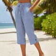 thumbnail image 2 of cfhntfmh Striped Capri Pants for Women Loose Fit Straight Leg Cropped Pant Casual Summer Linen Clothes Drawstring Capris, 2 of 6