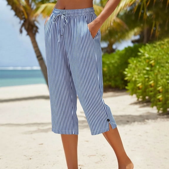 Baeitkot Summer Pants of Woman Women's Linen Loose Pants Button Elastic Waist Casual Straight Tube Pants Capris Blue M