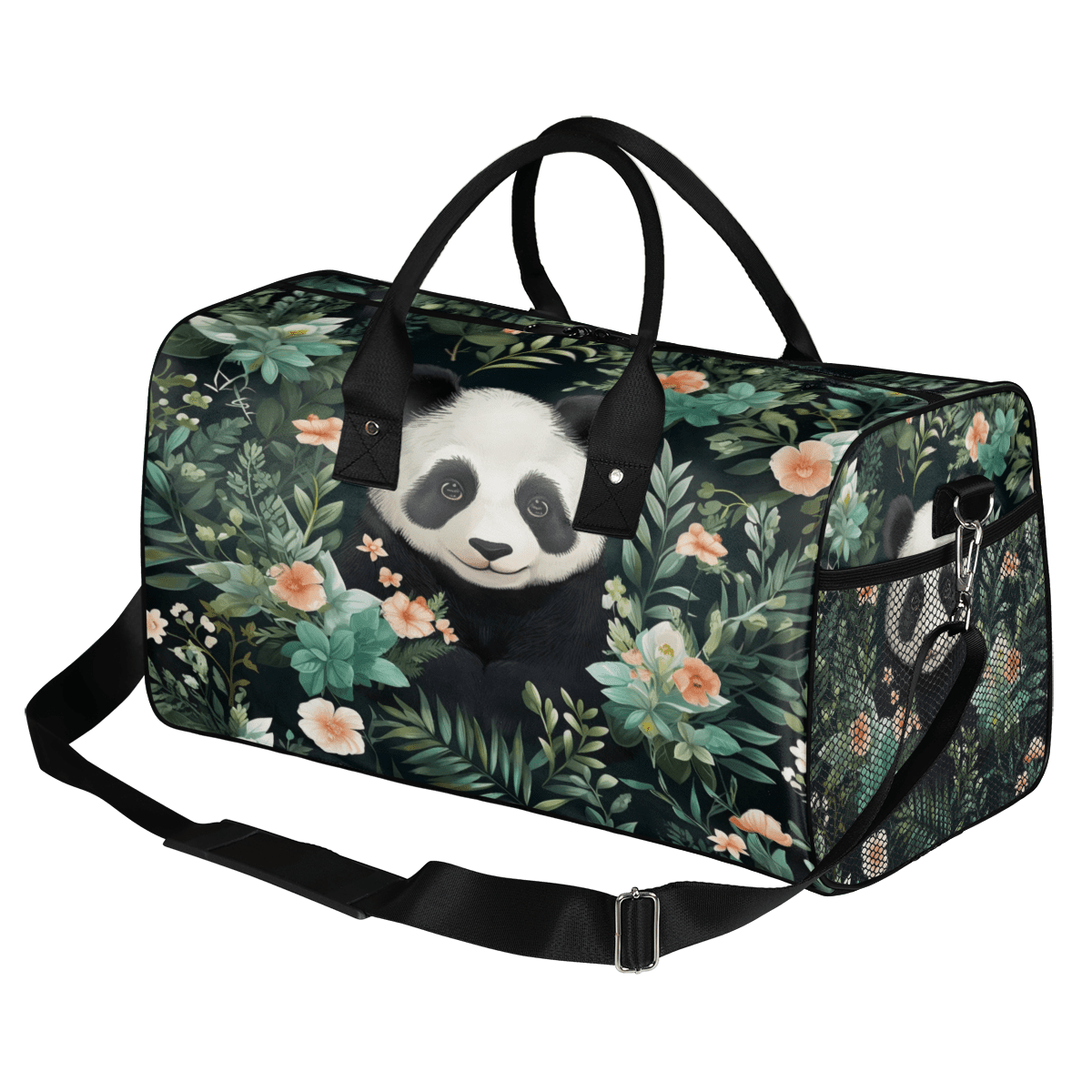 Herdesigns Panda Gym Bag for Women Men, Travel Duffle Bag Lightweight Waterproof Carry on Weekender Overnight Tote for Dance Cheer Sport, Panda Flowers
