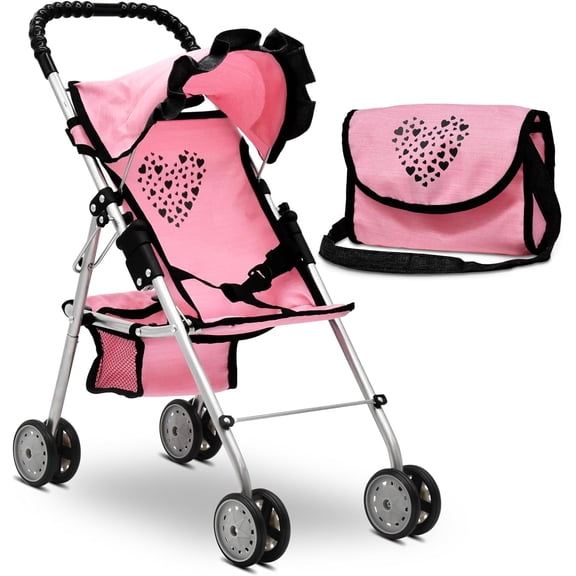Dolls To Play My First Baby Doll Stroller for Kids, Foldable Toy Buggy with Canopy, Storage Basket & Diaper Bag, Pink Heart