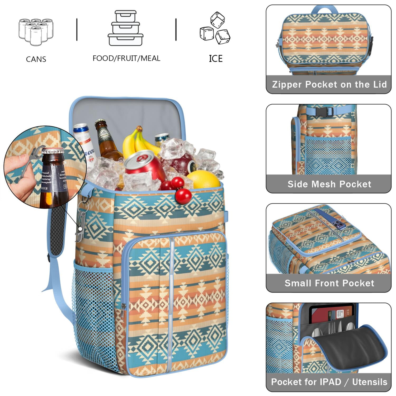 Travel Cooler Bag - Boho Bohemia Pioneer Flower Geometric Line Art Camping Beer Cooler Backpack with Bottle Opener- Waterproof Insulated Picnic Backpacks - Cooler Bag for Beach