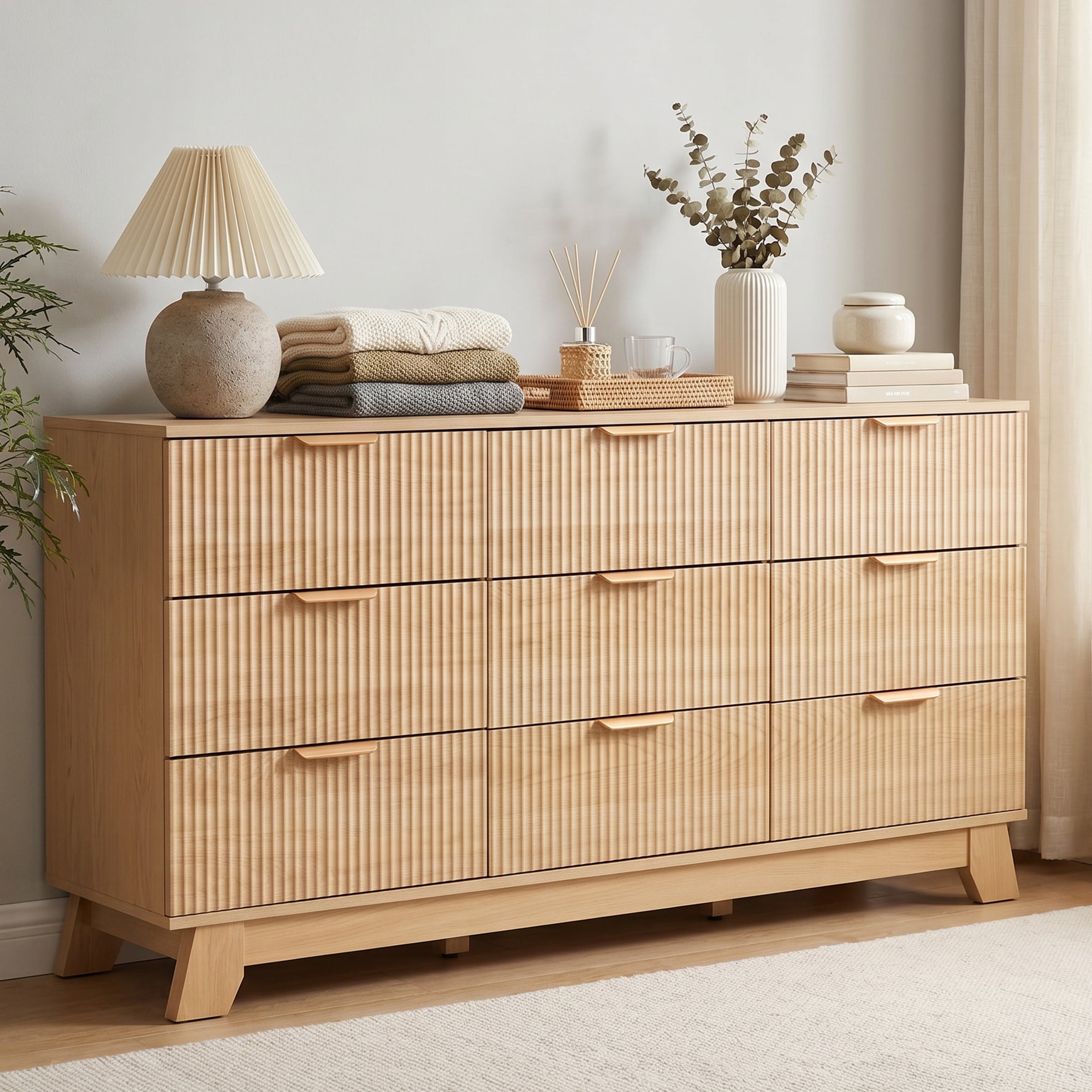 Gianna Fluted Dresser, 9 Drawer Dresser, Modern Wooden Chest of Drawers with Heightened Legs for Bedroom, Natural Wood