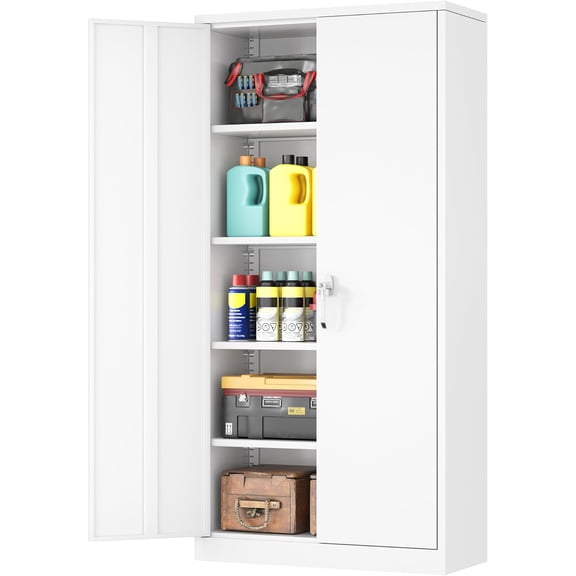 SOLAURA Metal Storage Office Cabinets with Locking Doors and Adjustable Shelves, 71 inch Tall Steel Storage Cabinet for Office, Home (White)