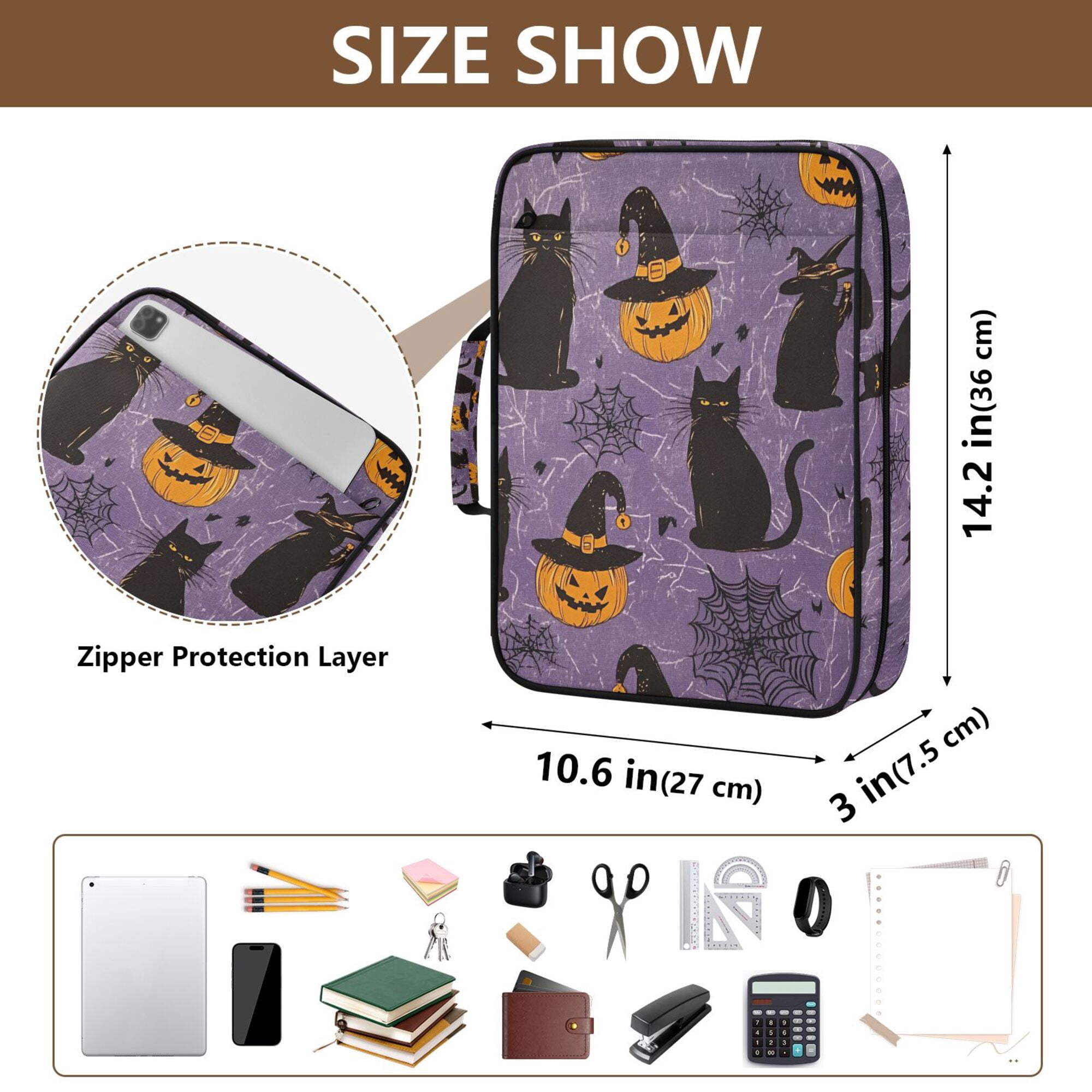 FORMRS Accordion File Folder A4 Size 7-Pocket Expanding Document Organizer Bag with 3 Ring Binder, Purple Halloween Black Cat