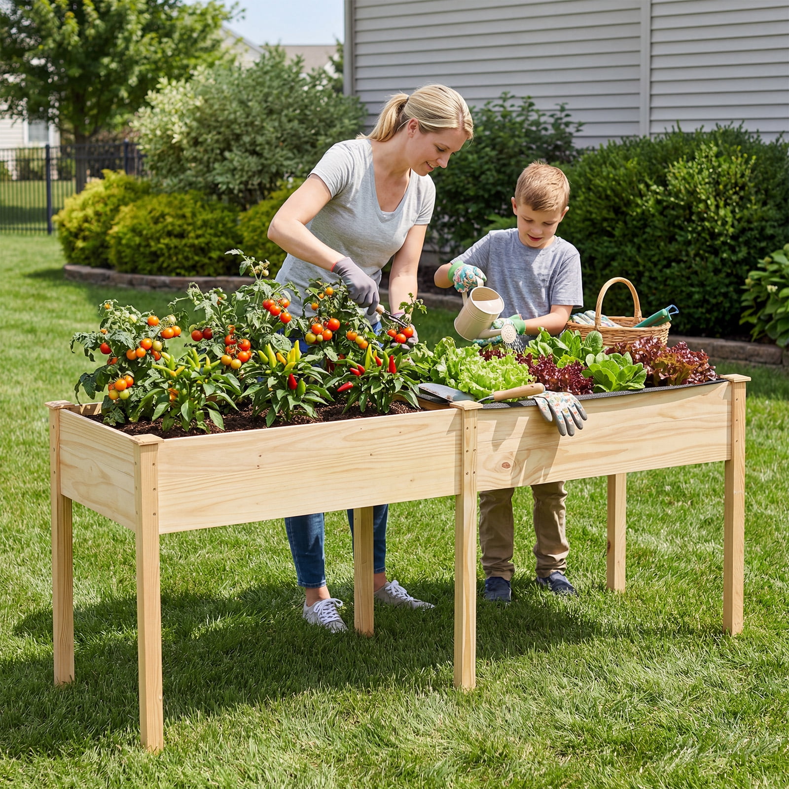 Costway Outdoor Raised Garden Bed with Legs 73x23x30in Wood Planter Box with Divider Panel Beige