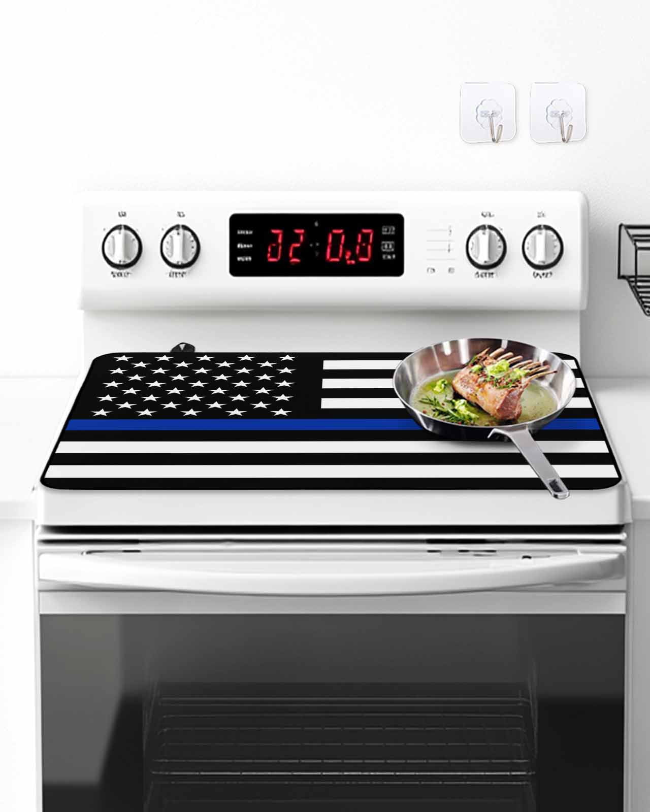 Stove Top Covers for Electric Stove, Blue American Flag Glass Stovetop Cover Protector, Black White Striped US Flag Stars Induction Cooktop Protector Oven Mat for Kitchen Countertop 24"x21"