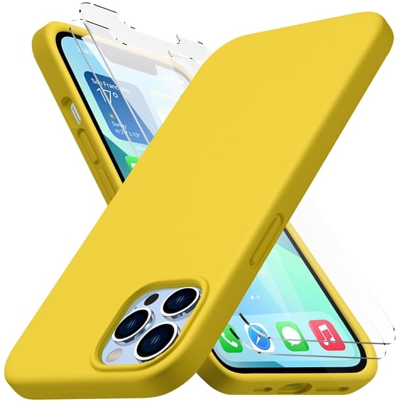 CellEver Heavy-Duty Silicone Case for iPhone 13 Pro Max - Two Shatterproof Glass Screen Protectors, Military Drop Protection, Scratch-Free Interior, Yellow