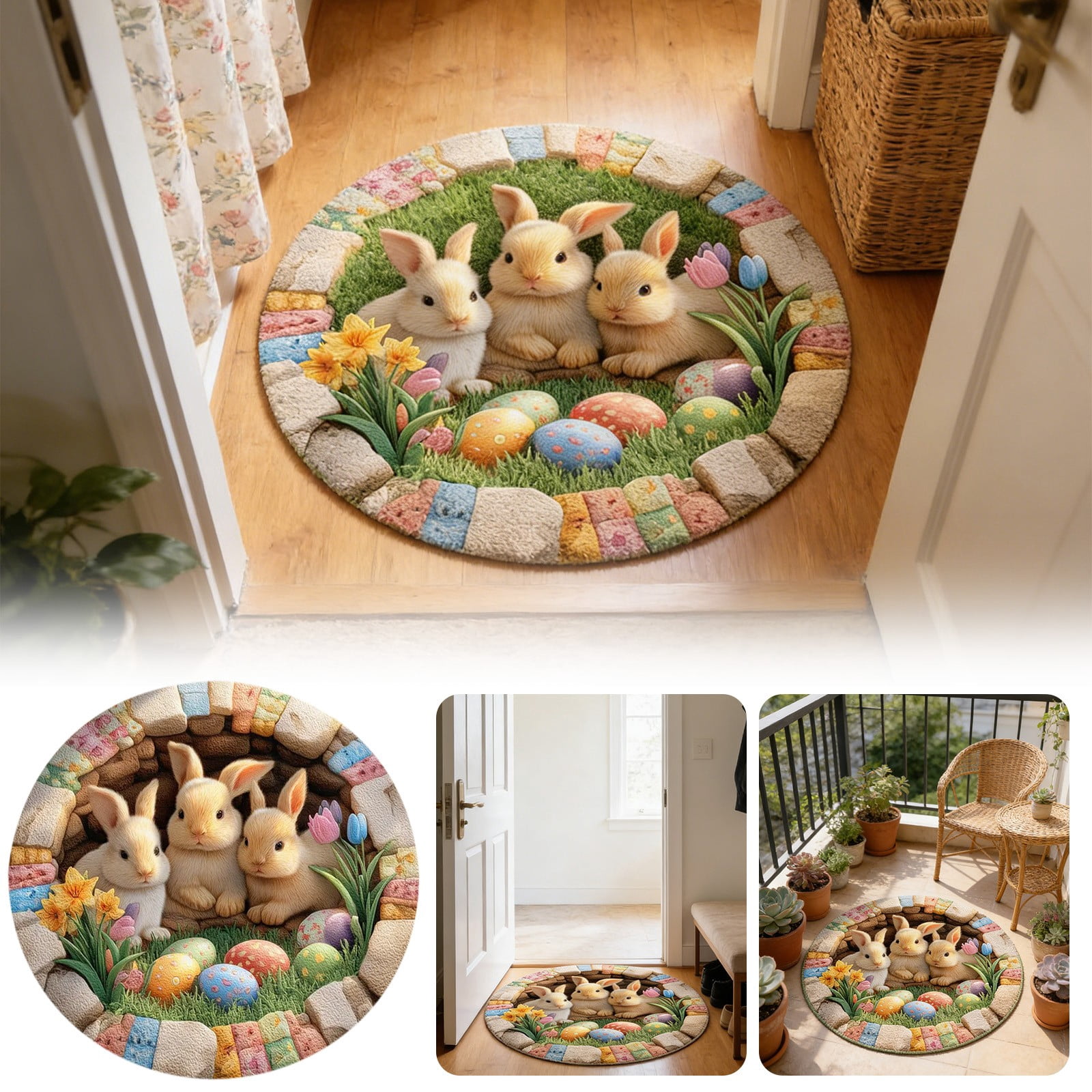 Easter Colors Rag Rug Custom Easter Bunny Round Rug Personalized 3D Effect Easter Day Carpet ...