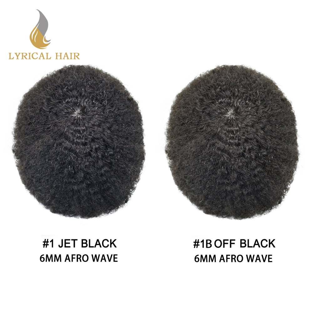Lyricalhair Toupee for Men 6MM Kinky Curly Hairpieces for Man Brazilian Human Hair Replacement System Full PU Hair Units for African American Mens Wig Male Hair Prosthesis #1 Jet Black