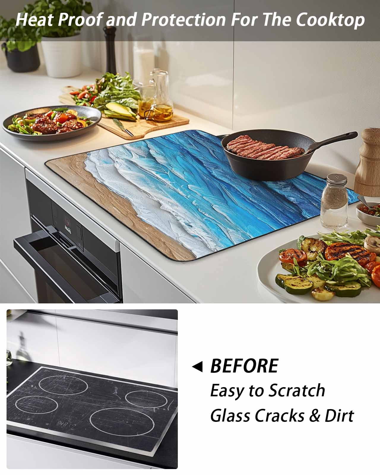 Stove Top Covers for Electric Stove, Blue Coastal Beach Glass Stovetop Cover Protector, Summer Nautical Oil Painting Induction Cooktop Protector Oven Mat for Kitchen Countertop 24"x21"