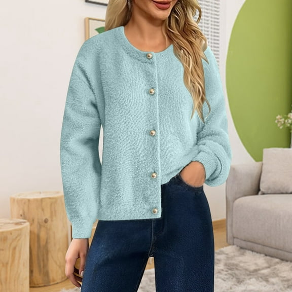 Women Fuzzy Knit Sweater Long Sleeve Loose Cardigan (Light Green One Size)