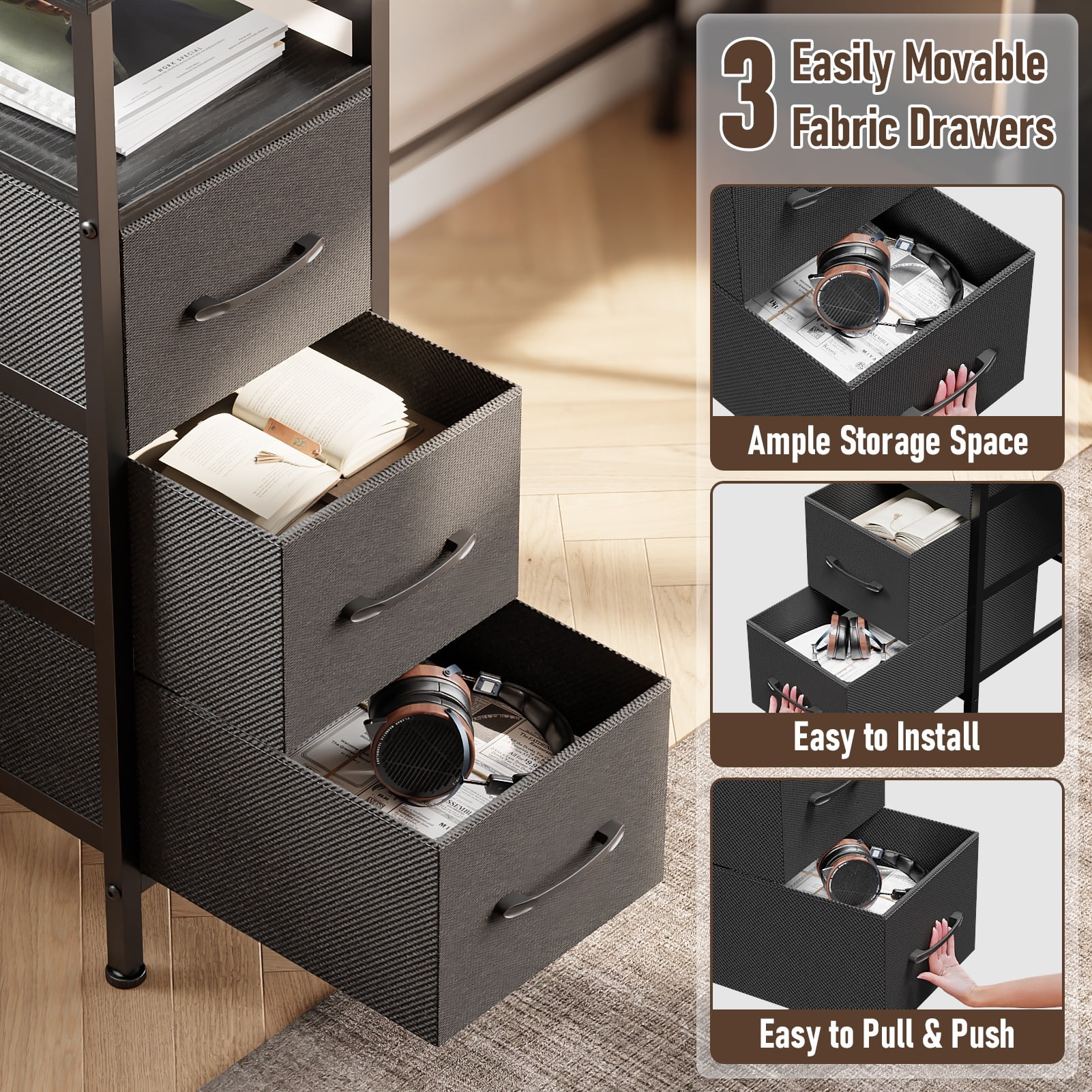 Satifur 47" Computer Desk with LED Lights & Power Outlets, L-Shaped Desk with 3 Fabric Drawers & Open Shelves, Reversible Home Office Desk,Black