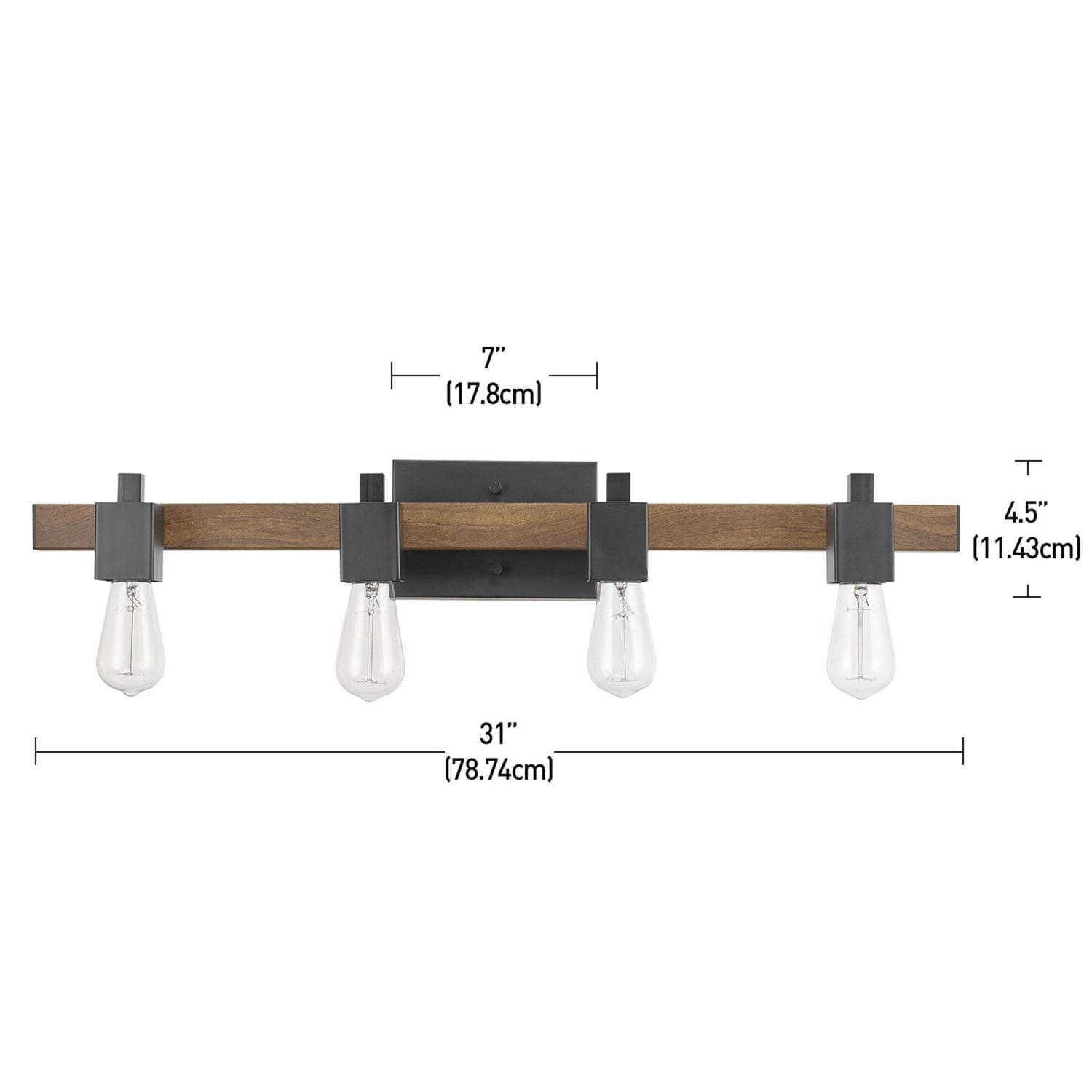 Globe Electric Phoenix 4-Light Metal Vanity Light, Matte Black, Dark Faux Wood, 51717