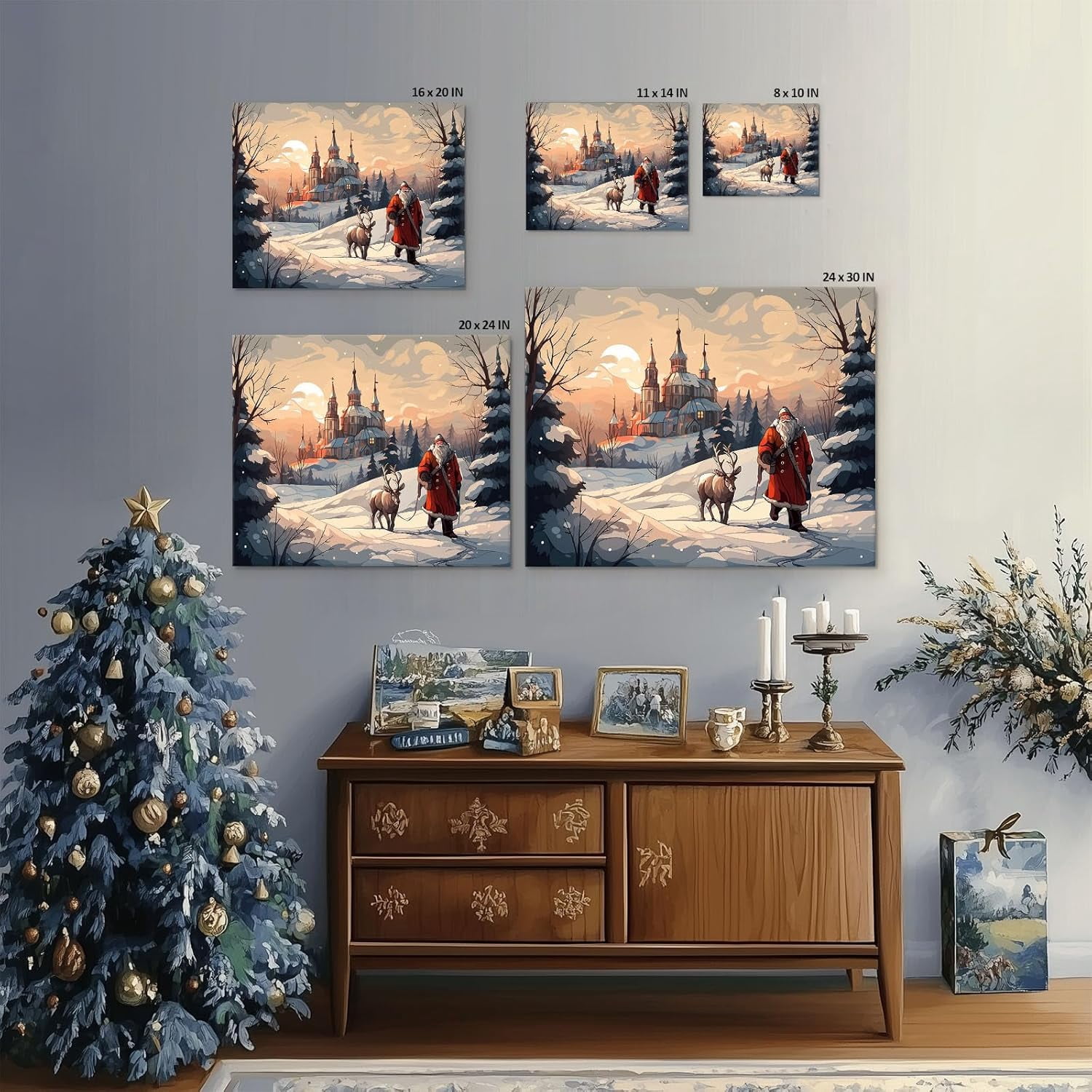 Christmas Santa Claus and Reindeer in Winter Wonderland Canvas wall art decor, Festive Wall Art for Living Room or Office, Holiday Home Decor with Scenic Snowy Landscape and Classic Santa 11X14inch
