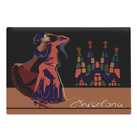 Spanish Cutting Board, Traditional Dancer Woman in Barcelona City with Historical Architecture Vibrant, Decorative Tempered Glass Cutting and Serving Board, in 3 Sizes, by Ambesonne