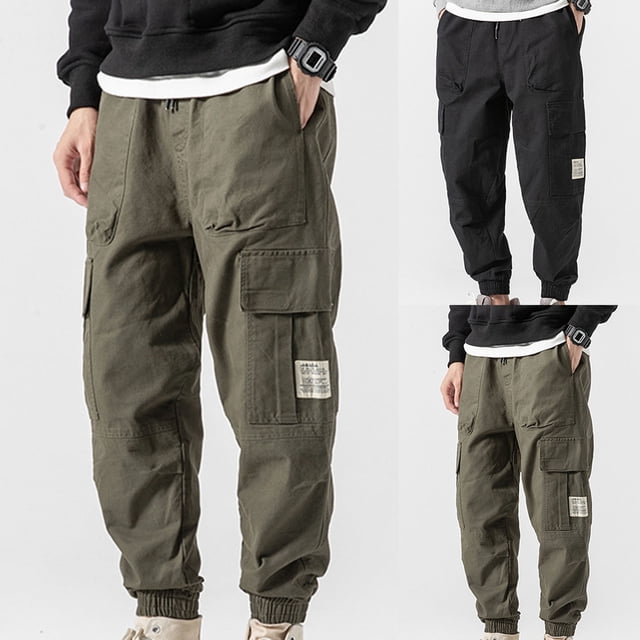 Farfi Pantalones de carga Pantalones de múltiples bolsillos de color múltiple para hombres de mediana edad para uso diario negro Farfi Pantalones