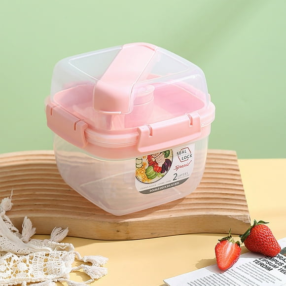 Extra Savings,Double Layer Fruit Salad Box - Portable Bento Box with Sealed Fresh-Keeping, Ideal for Storing Fruits, Salads, and Snacks, Easy to Carry, | Plastic, Pink-355 $BS$3