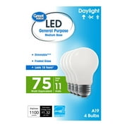 Great Value 18 Year LED Light Bulbs, A19 75 Watts Equivalent, 11 Watts Efficient, Dimmable, Daylight, Frosted Glass, 4 Pack