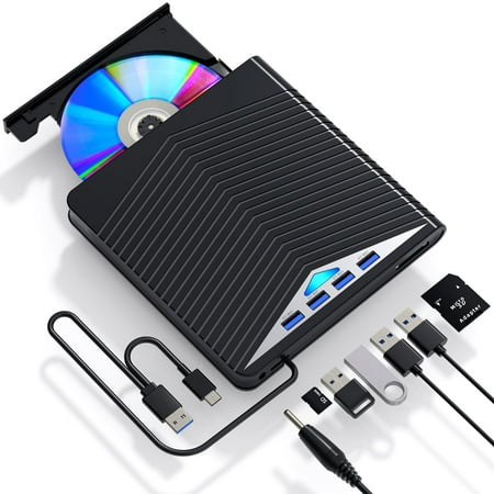 Aelrsoch 5 in 1 External Blu-ray Drive, USB 3.0 Type-C Blu-Ray Burner with 4 USB Ports and 2 TF/SD Card Slots Optical CD Drive Compatible with Windows XP/7/8/10, MacOS for MacBook, Laptop, Desktop