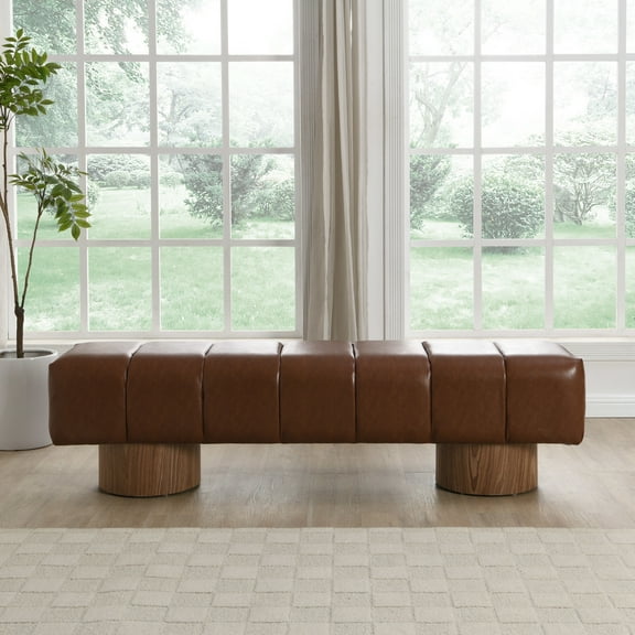 Christopher Knight Home Modern Mid-Century 64" PU Tufted Ottoman Bench, Faux Wood Legs, Brown