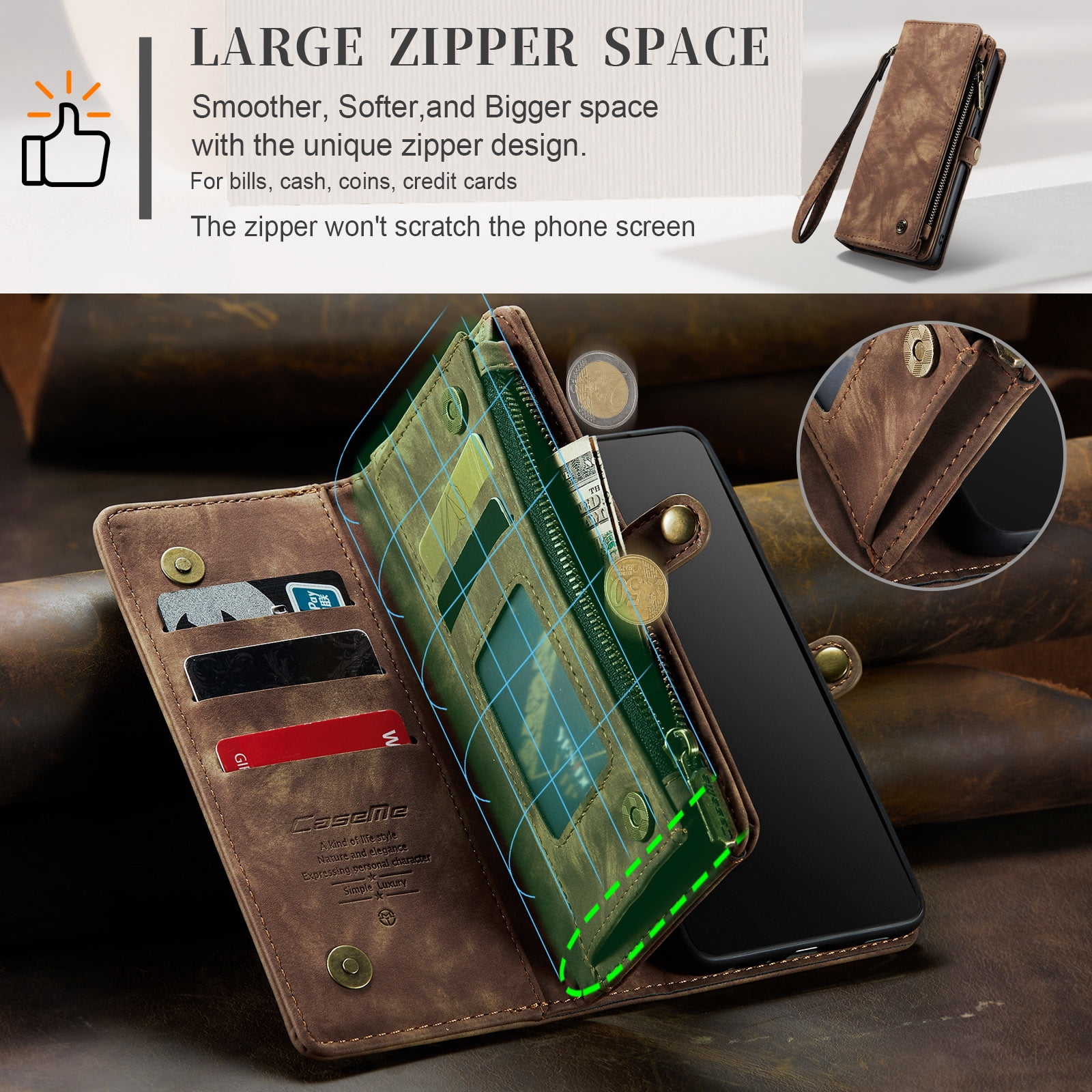 Feishell Durable 2-In-1 Magnetic Detachable Wallet Case for Samsung Galaxy S22,for Women Men,Premium PU Leather Zipper Pocket Flip Multi Card Slots Purse Phone Case with Wrist Strap,Darkbrown