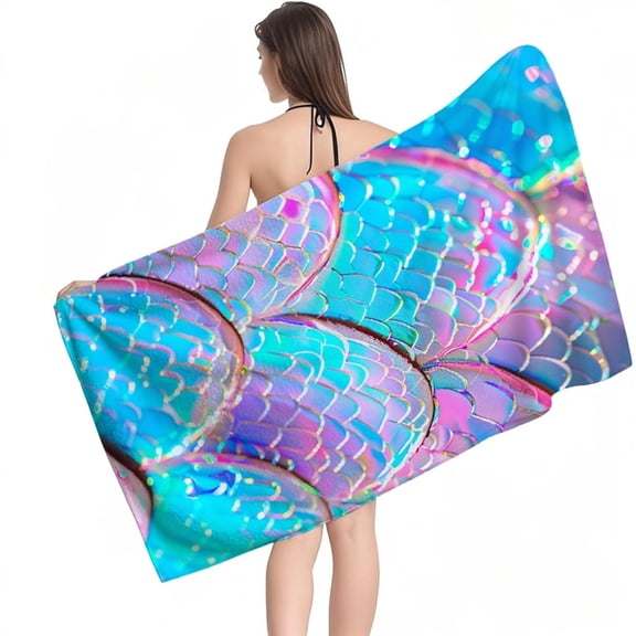 Verolix Mermaid Scale Beach Towel 28 x 56 Inch Towelcloth Quick Dry Lightweight Bath Towel Colorful Ocean Travel Towel for Pool Beach Vacation Camping Spa Outdoor Activities