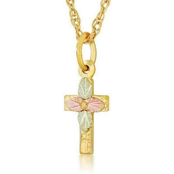 Landstroms G LM611-18 0.6 in. x 0.27 in. Cross Necklace, 18 in. Chain 12K Green & Rose Gold Leaves