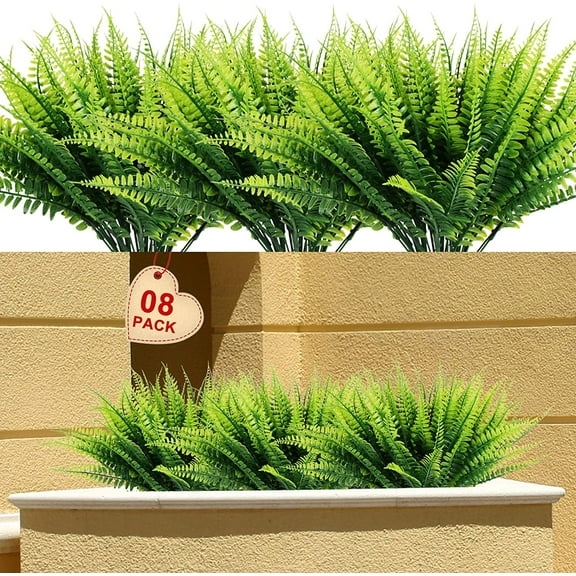 Morttic Artificial Plants, Fake Boston Fern Greenery Outdoor UV Resistant No Fade Faux Plastic Plants Decoration for Home Front Porch Garden Farmhouse (Green-8 Persian Ferns)
