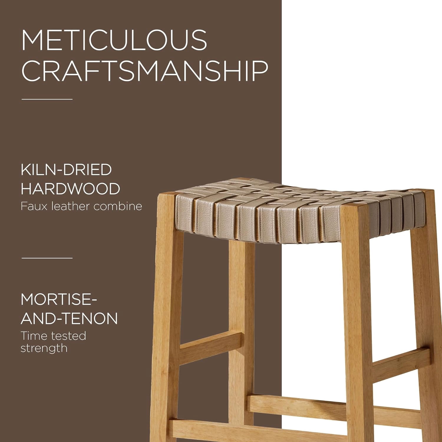 Maven Lane Emerson Bar Stool in Weathered Natural Wood Finish with Avanti Bone Vegan Leather
