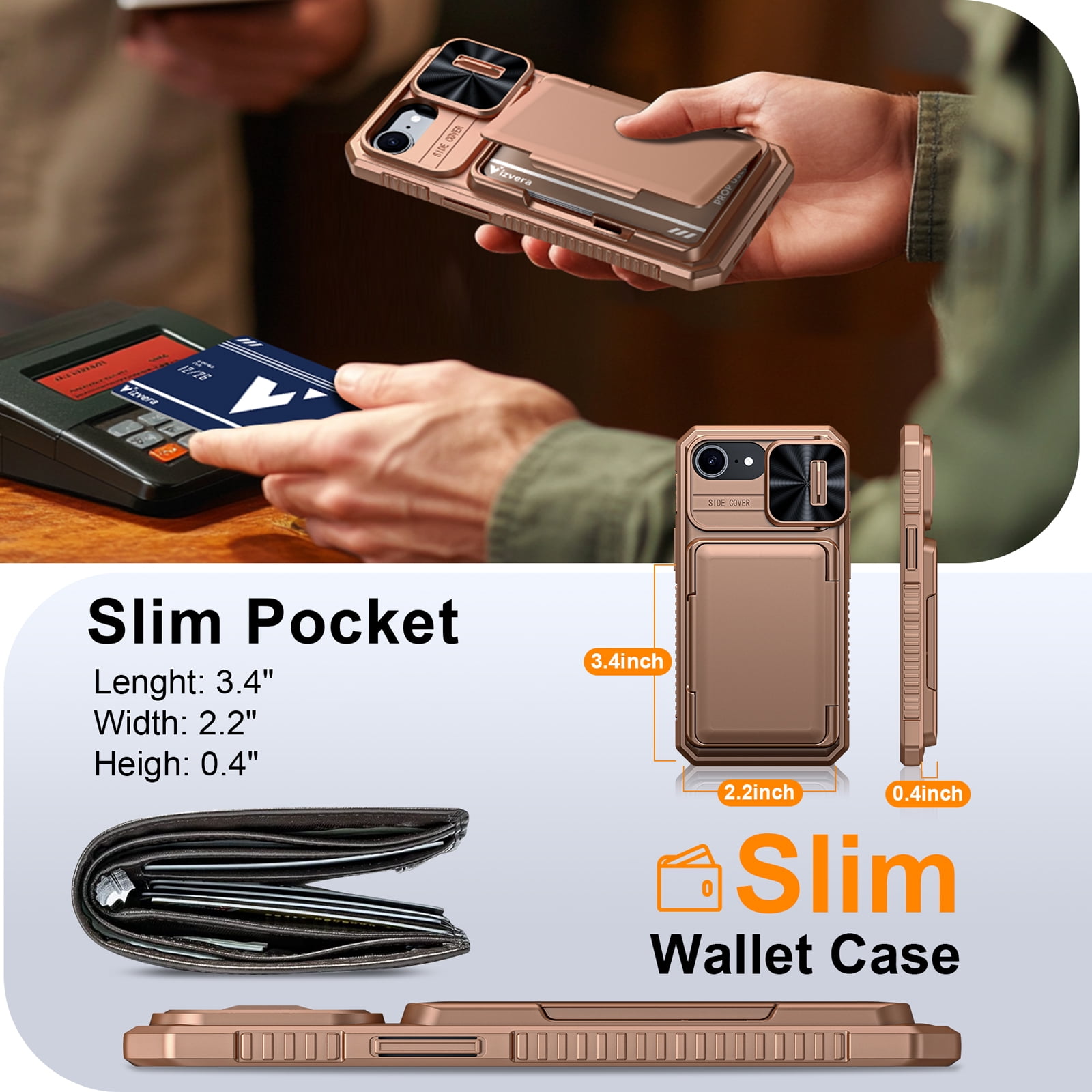 Vizvera for iPhone 16 E Case Wallet RFlD [Cards Holder][Camera Control][Camera Cover] Full Body Rugged Shockproof Silicone Protective Phone Case for iPhone 16 E-Gold