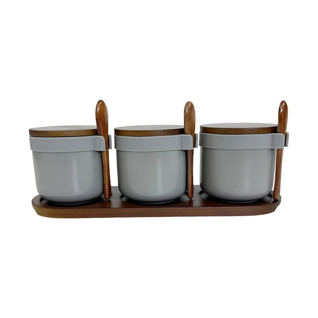 Juego de 3 tarros de cerámica para especias, con tapas y cucharas. Gris
