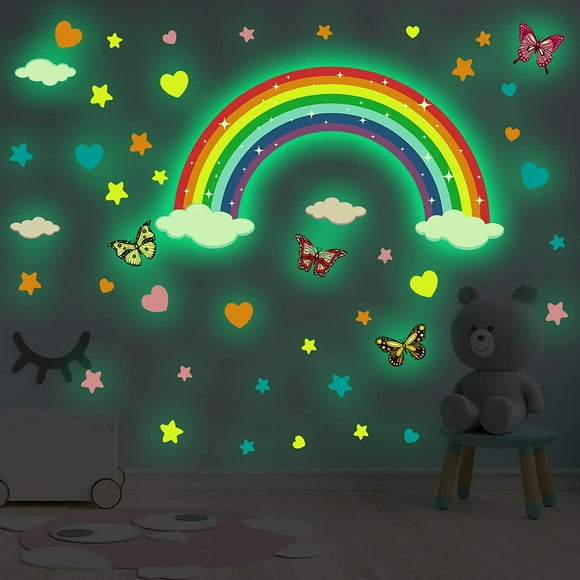 Glow in The Dark Large Rainbow Wall Decals Removable Star Butterfly Heart Wall Sticker Glowing Rainbow Wallpaper Wall Sticker
