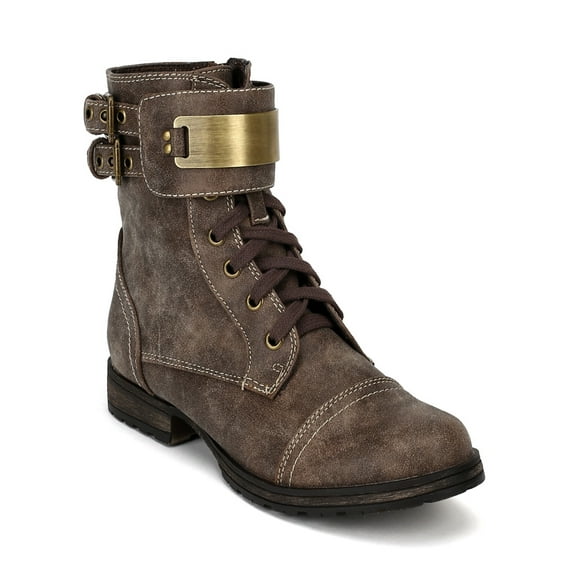 Breckelles Biker11 New Women Leatherette Plalting Buckle Military Lace Up Bootie