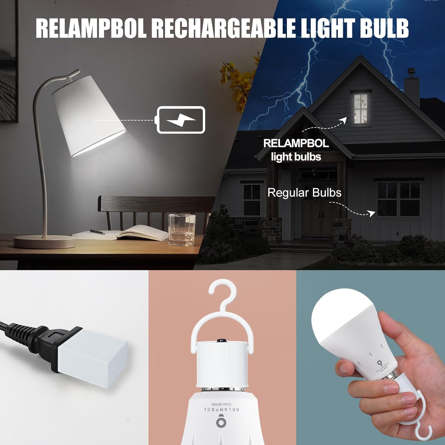 4 Pack Rechargeable Light Bulb Emergency Battery Operated Light Bulbs LED 6000K 9W 800Lumens E26 120V 1200mAh Power Outage Hurricane Reading Lighting Camping