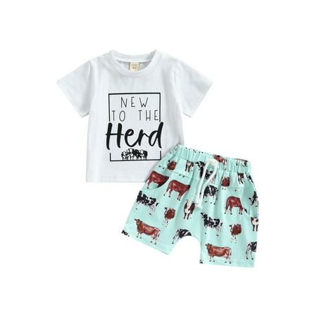 

Binwwede Baby Boys Outfits Summer Letter Print Short Sleeve T-shirt and Cow Print Elastic Shorts