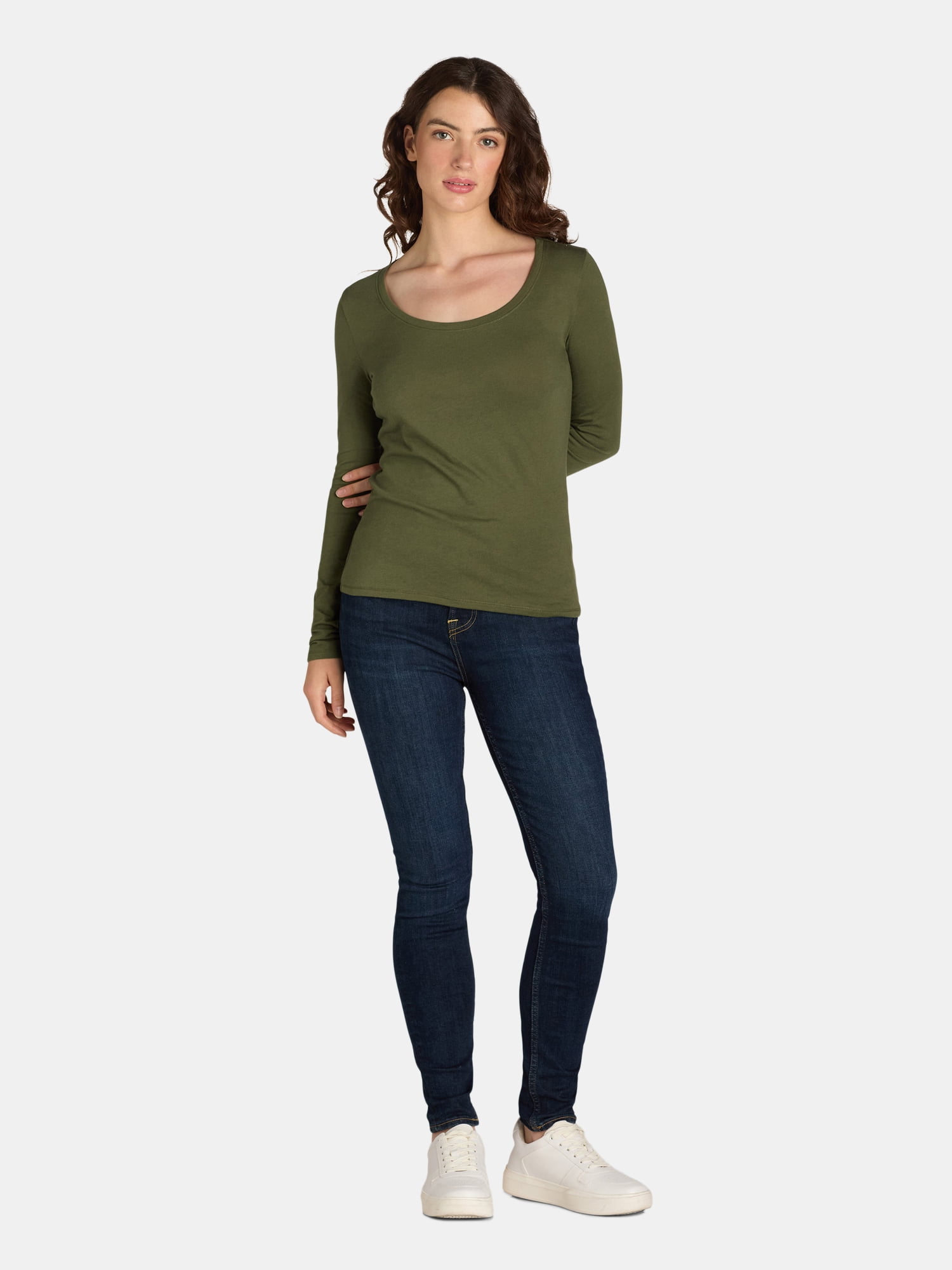 No Boundaries Scoop Neck Everyday Tee with Long Sleeves, 1 and 3 Pack, Women's