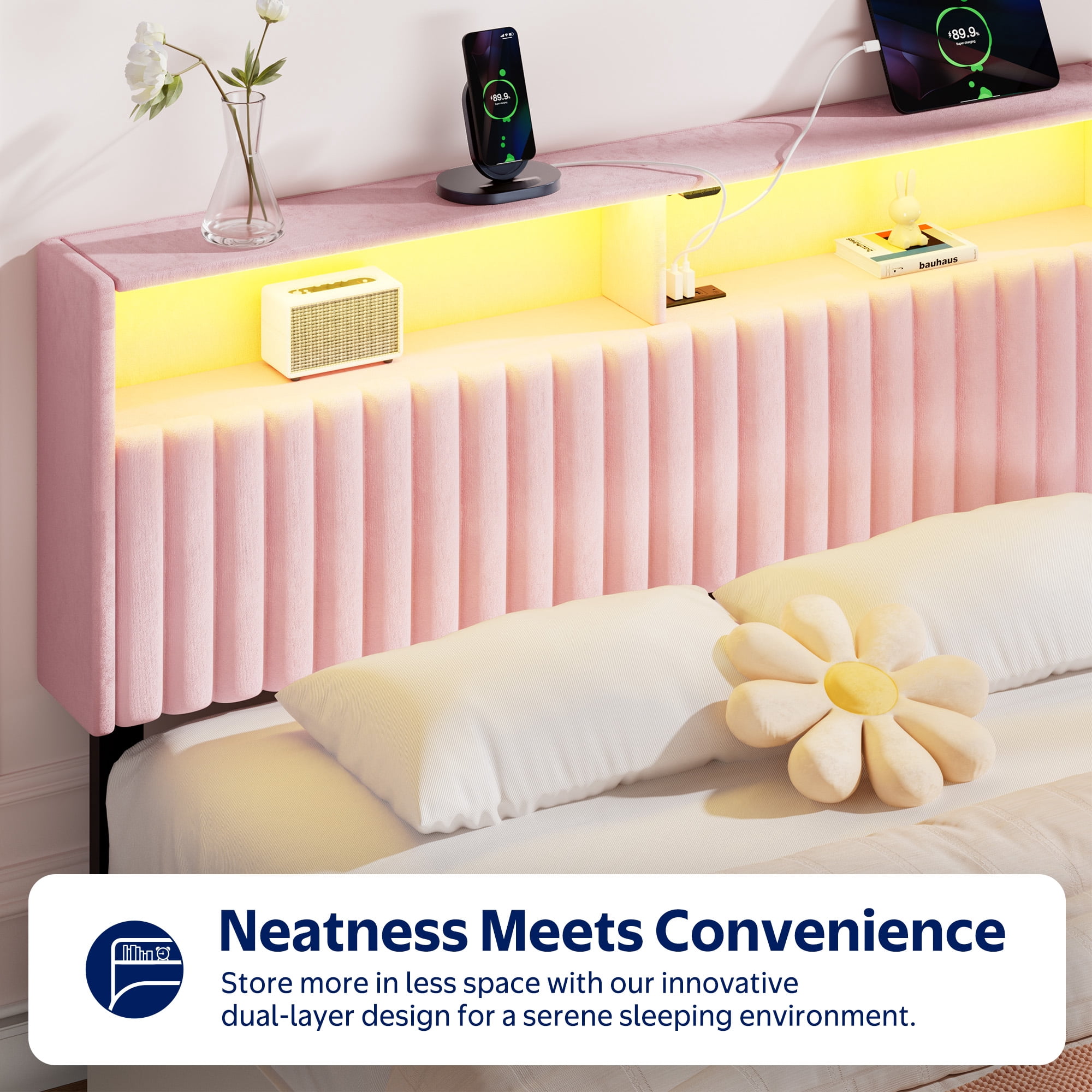 Greenstell Full Size Adjustable Storage Headboard Only - Modern Upholstered Head Board with LED Lights, Charging Station & Soft Padding, Pink
