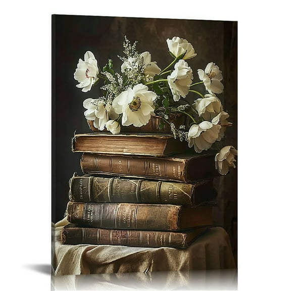 JRXY Vintage Floral Wall Art Moody Books Still Life Pictures Rustic Antique Art Prints Dark Academia Decor Posters for Room Aesthetic Bedroom Wall Decor 12x16 in