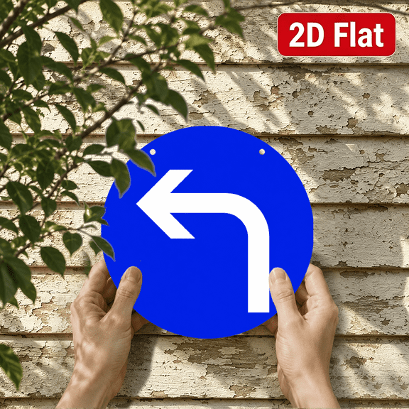 2D Flat, Left Turn Direction Round Aluminum Sign 8x8in, Blue White Traffic Guidance Marker, Road Safety Wayfinding Decor