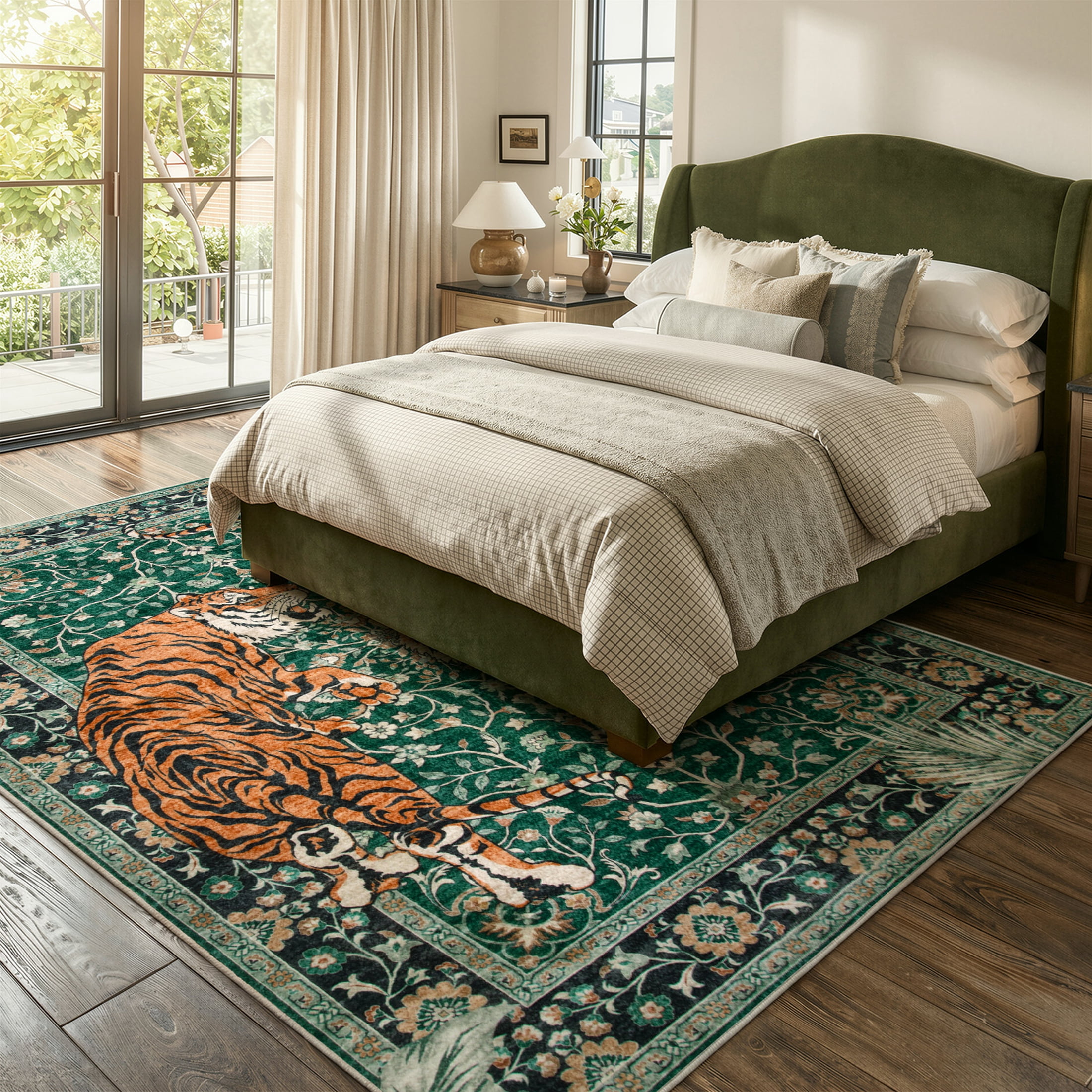 Moynesa 5'x7' Vintage Tiger Area Rug, Washable Tropical Boho Rug for Living Room Bedroom Dining Sunroom, Distressed Botanical Floral Accent Carpet, Soft Low Pile Non Slip Stain Resistant, Green
