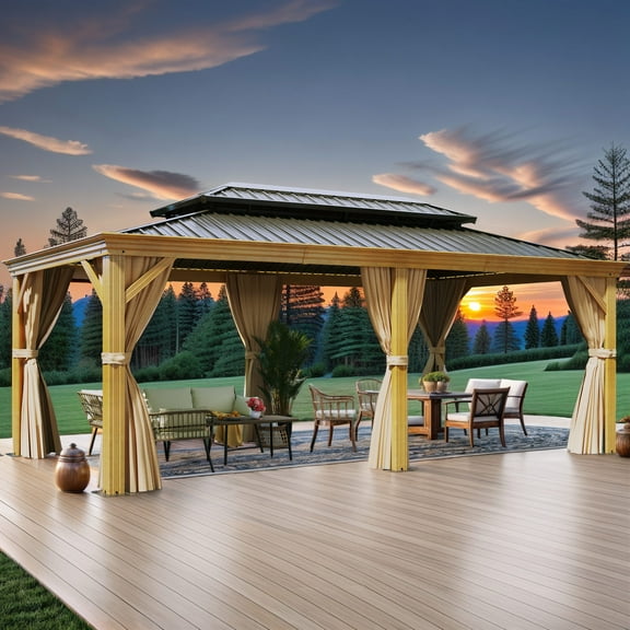 Dextrus 12x20FT Large Double Roof Hardtop Gazebo with Netting & Brown Curtains,Outdoor Galvanized Steel  Canopy,Garden Tent for Patio, Backyard, Brown