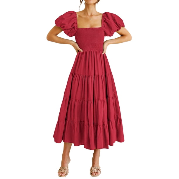 Vestido PRETTYGARDEN de escote cuadrado, mangas abullonadas, midi rojo, talla L