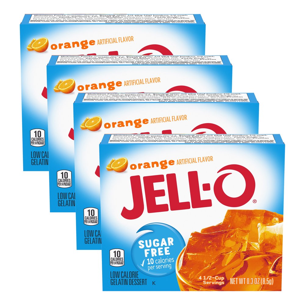 JellO Sugar Free Orange Instant Gelatin Mix, 0.3 oz Box (Pack4)