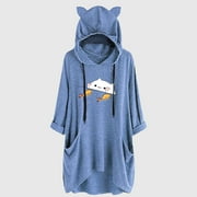 sebulube Women's Ear Hat Mid-length Blouse Mid-sleeve Cute Printed Hooded Loose Top