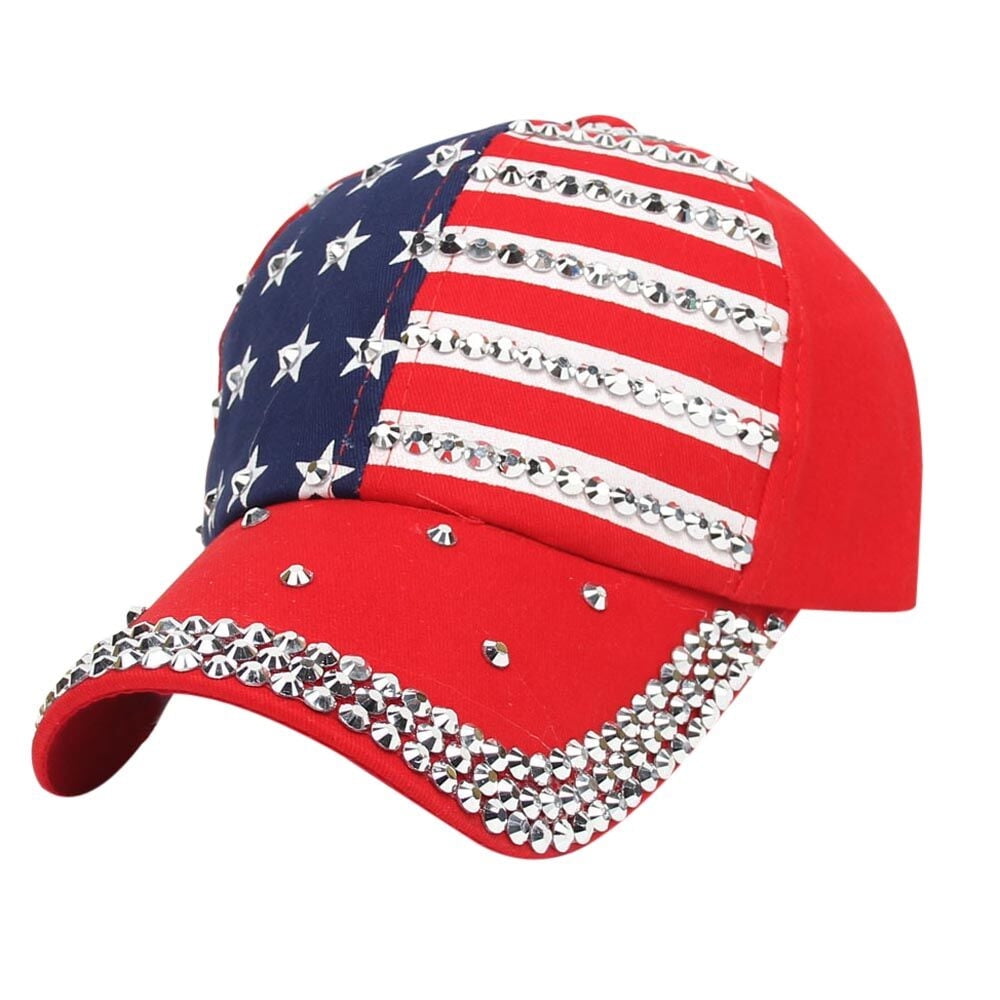 American Flag Hats for Women Diamond Trim Baseball Cap Adjustable ...