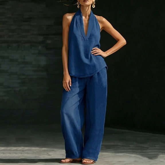 Uootdi Linen Sets for Women 2 Piece Asymmetrical Neck Sleeveless Blouse Tailored Palazzo Pants Chic Evening Matching Outfits