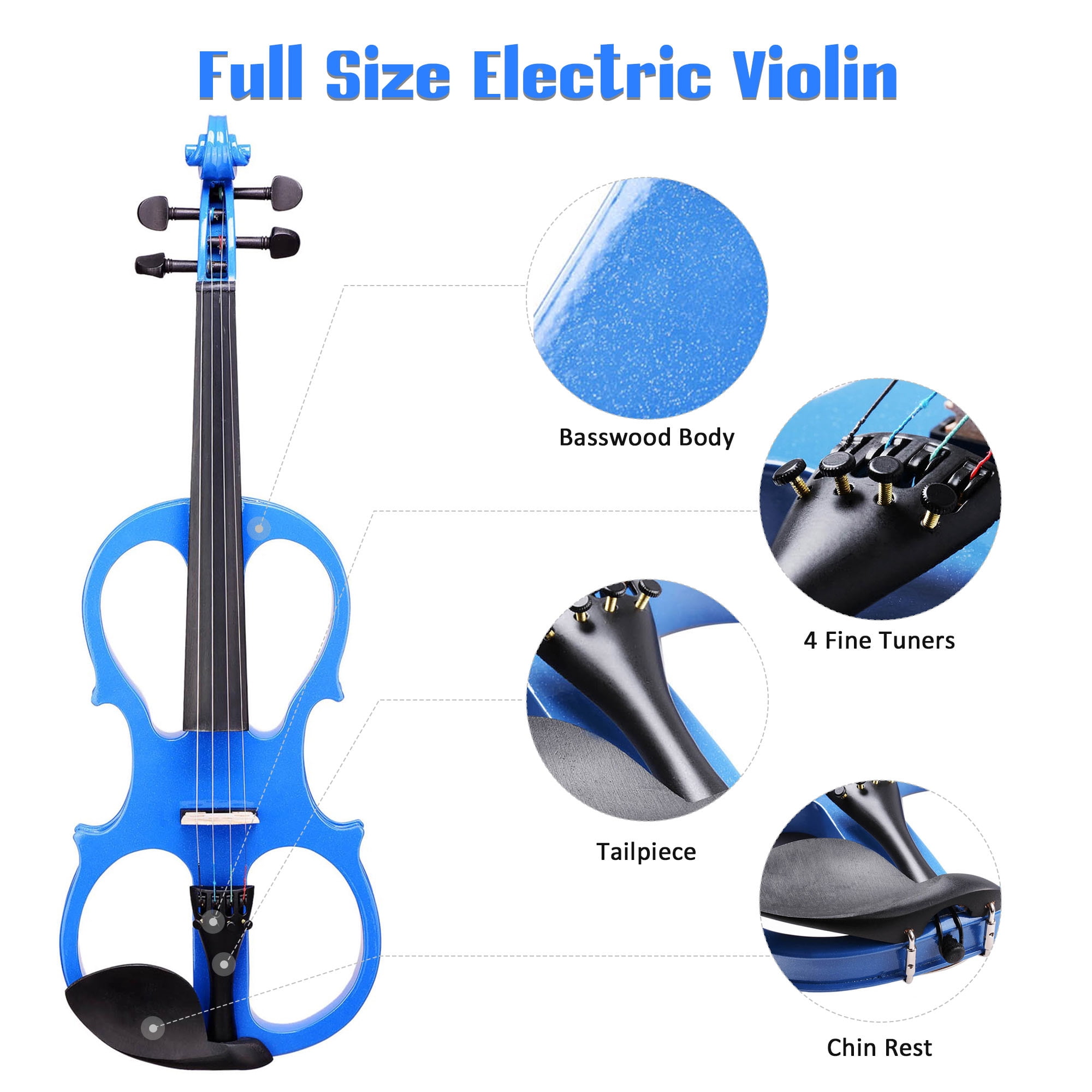 4/4 Electric Violin Full Size Wood Silent Fiddle Stringed Instrument Bow Headphone Case Blue