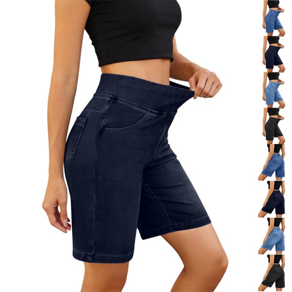 UDAUDU Bermuda Jean Shorts for Women High Waisted Tummy Control Stretchy Pull On Denim Knee Length Shorts with Pockets Navy 2XL